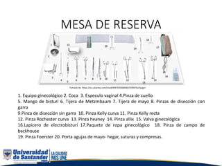 MESA DE RESERVA
1. Equipo ginecológico 2. Coca 3. Especulo vaginal 4.Pinza de cuello
5. Mango de bisturí 6. Tijera de Metzmbaum 7. Tijera de mayo 8. Pinzas de disección con
garra
9.Pinza de disección sin garra 10. Pinza Kelly curva 11. Pinza Kelly recta
12. Pinza Rochester curva 13. Pinza heaney 14. Pinza allix 15. Valva ginecológica
16.Lapicero de electrobisturí 17.Paquete de ropa ginecológico 18. Pinza de campo de
backhouse
19. Pinza Foerster 20. Porta agujas de mayo- hegar, suturas y compresas.
Tomado de: https://es.calameo.com/read/00470356669bb703947ba?page=
 