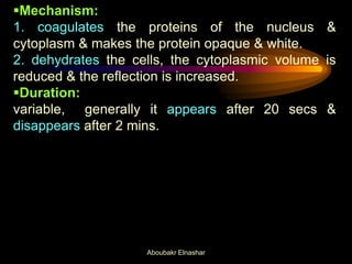 Mechanism:
1. coagulates the proteins of the nucleus &
cytoplasm & makes the protein opaque & white.
2. dehydrates the cells, the cytoplasmic volume is
reduced & the reflection is increased.
Duration:
variable, generally it appears after 20 secs &
disappears after 2 mins.
Aboubakr Elnashar
 