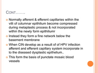 CONT…….
 Normally afferent & efferent capillaries within the
villi of columnar epithilium become compressed
during metaplastic process & not incorporated
within the newly form epithiliumr
 Instead they form a fine network below the
basement membrane
 When CIN develop as a result of of HPV infection
afferent and efferent capillary system incorporate in
to the diseased dysplastic epithelium..
 This form the basis of punctate mosaic blood
vessels
 