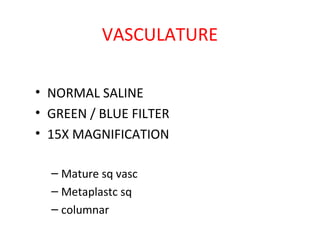 VASCULATURE
• NORMAL SALINE
• GREEN / BLUE FILTER
• 15X MAGNIFICATION
– Mature sq vasc
– Metaplastc sq
– columnar

 