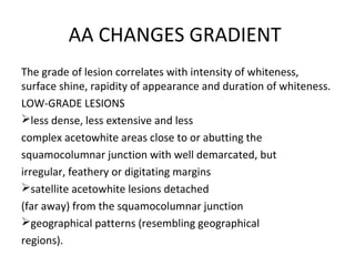 AA CHANGES GRADIENT
The grade of lesion correlates with intensity of whiteness,
surface shine, rapidity of appearance and duration of whiteness.
LOW-GRADE LESIONS
less dense, less extensive and less
complex acetowhite areas close to or abutting the
squamocolumnar junction with well demarcated, but
irregular, feathery or digitating margins
satellite acetowhite lesions detached
(far away) from the squamocolumnar junction
geographical patterns (resembling geographical
regions).

 