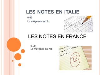 LES NOTES EN ITALIE
0-10
La moyenne est 6
LES NOTES EN FRANCE
0-20
La moyenne est 10