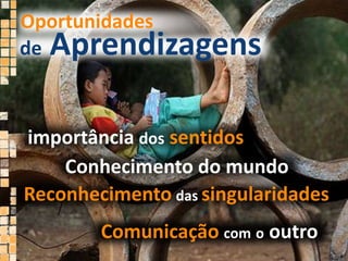 Oportunidadesde Aprendizagensimportância dossentidosConhecimento do mundo  ReconhecimentodassingularidadesComunicaçãocomo outro