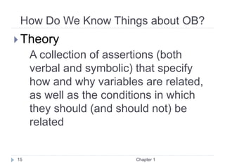 How Do We Know Things about OB?
Chapter 1
15
 Theory
A collection of assertions (both
verbal and symbolic) that specify
how and why variables are related,
as well as the conditions in which
they should (and should not) be
related
 