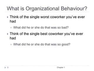What is Organizational Behaviour?
 Think of the single worst coworker you’ve ever
had
 What did he or she do that was so bad?
 Think of the single best coworker you’ve ever
had
 What did he or she do that was so good?
Chapter 1
3
 