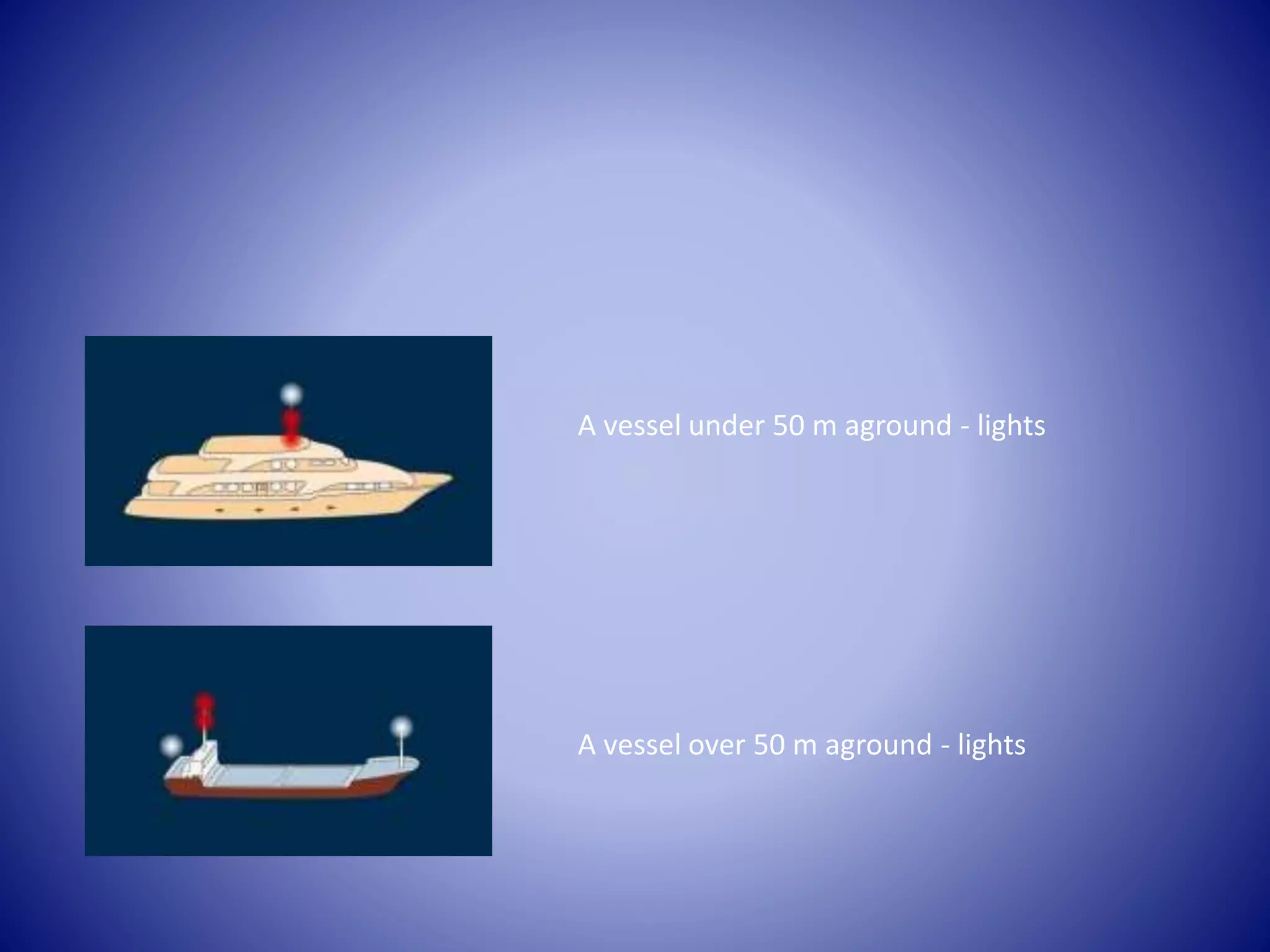 A vessel under 50 m aground - lights
A vessel over 50 m aground - lights
 