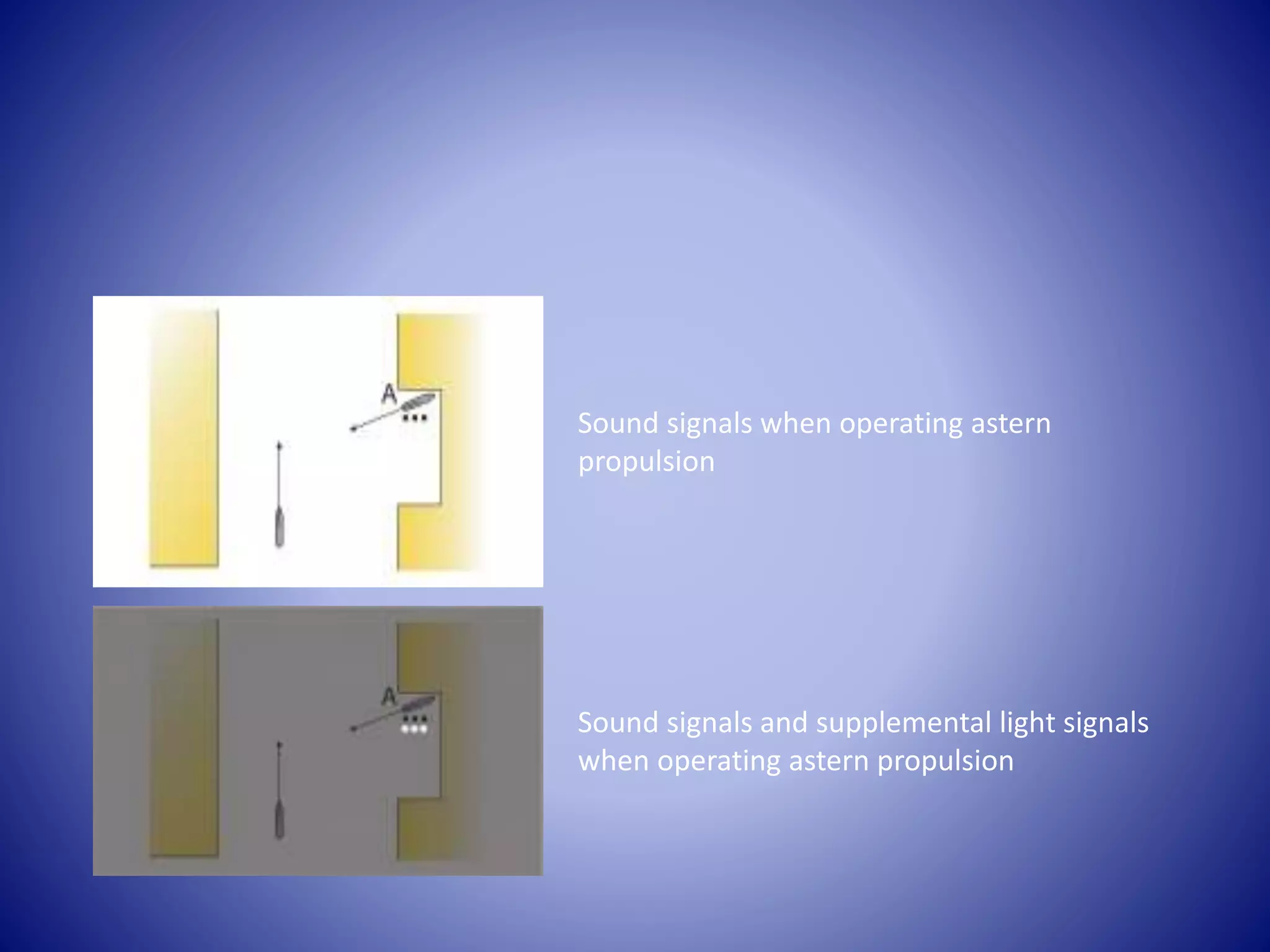 Sound signals when operating astern
propulsion
Sound signals and supplemental light signals
when operating astern propulsion
 