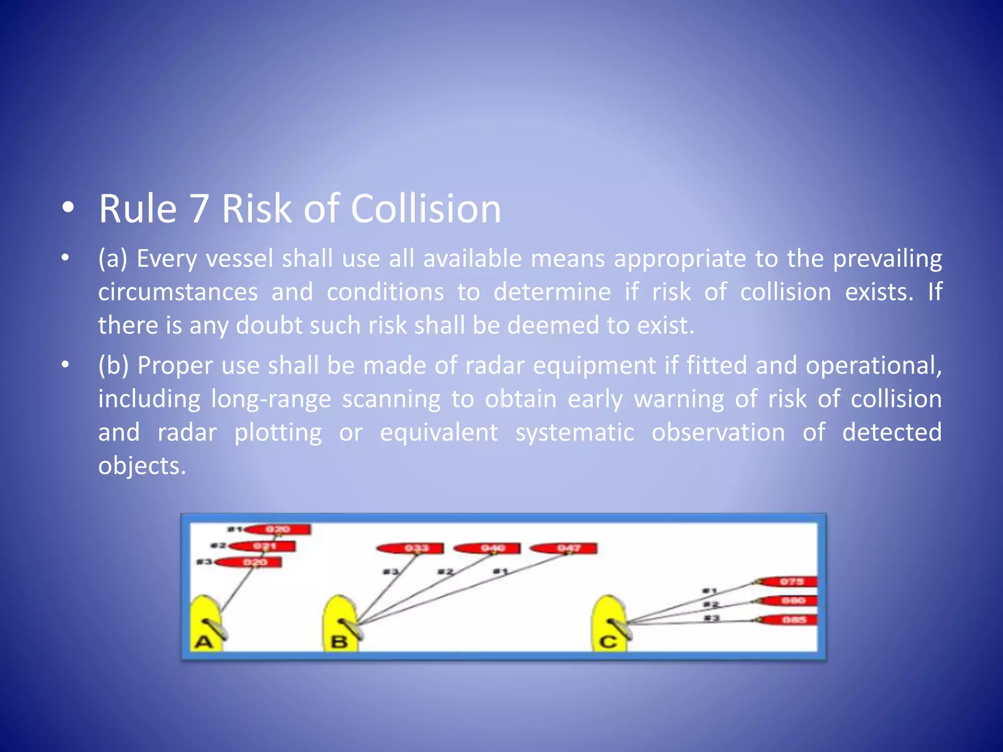 • Rule 7 Risk of Collision
• (a) Every vessel shall use all available means appropriate to the prevailing
circumstances and conditions to determine if risk of collision exists. If
there is any doubt such risk shall be deemed to exist.
• (b) Proper use shall be made of radar equipment if fitted and operational,
including long-range scanning to obtain early warning of risk of collision
and radar plotting or equivalent systematic observation of detected
objects.
 