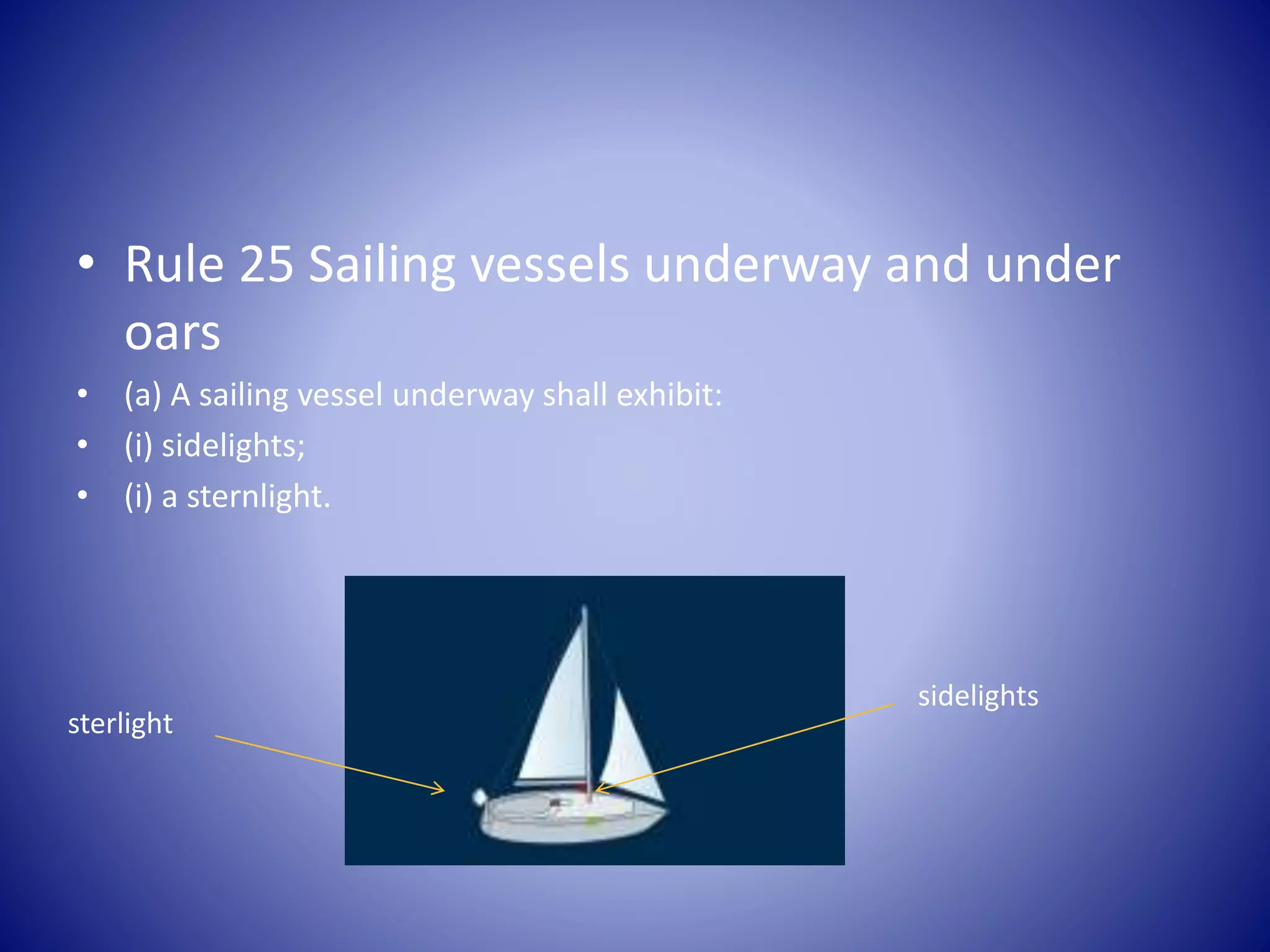 • Rule 25 Sailing vessels underway and under
oars
• (a) A sailing vessel underway shall exhibit:
• (i) sidelights;
• (i) a sternlight.
sterlight
sidelights
 