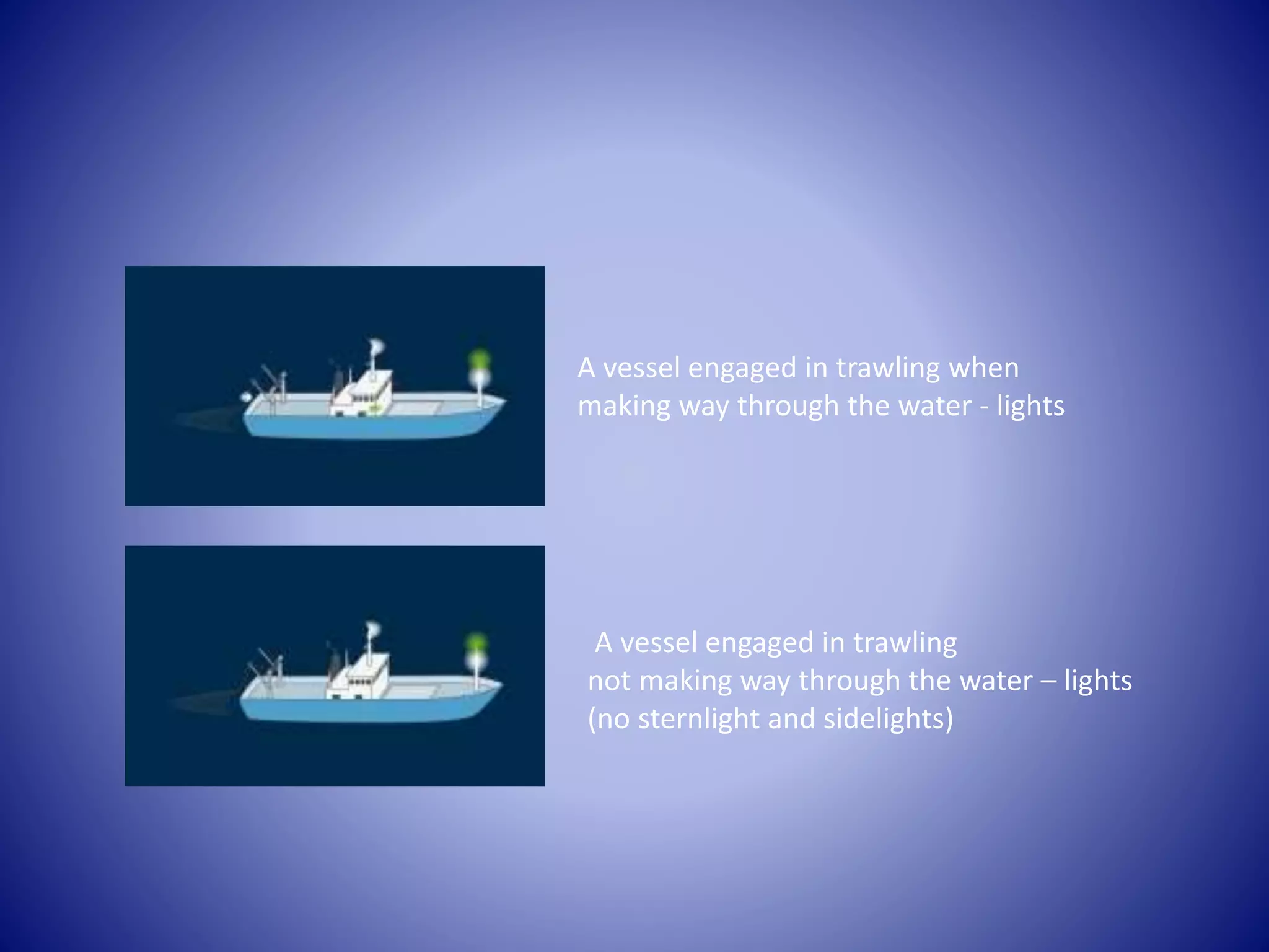 A vessel engaged in trawling when
making way through the water - lights
A vessel engaged in trawling
not making way through the water – lights
(no sternlight and sidelights)
 