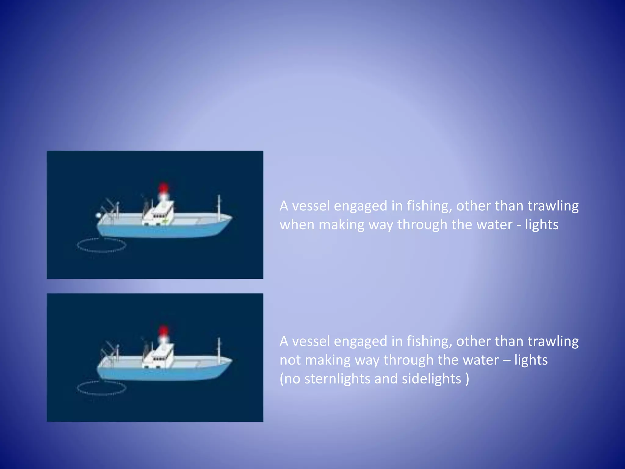 A vessel engaged in fishing, other than trawling
when making way through the water - lights
A vessel engaged in fishing, other than trawling
not making way through the water – lights
(no sternlights and sidelights )
 