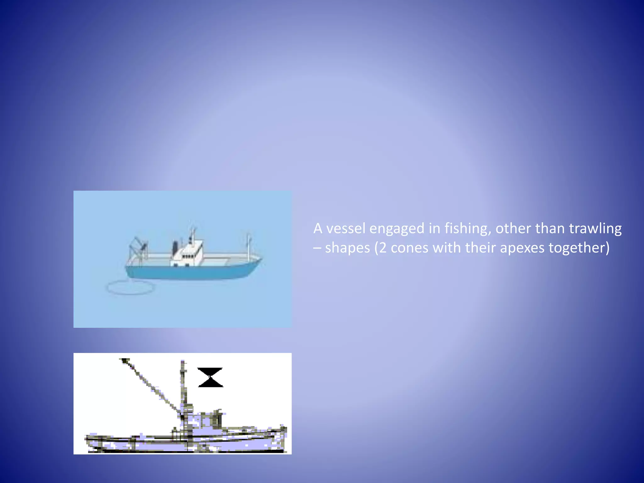 A vessel engaged in fishing, other than trawling
– shapes (2 cones with their apexes together)
 