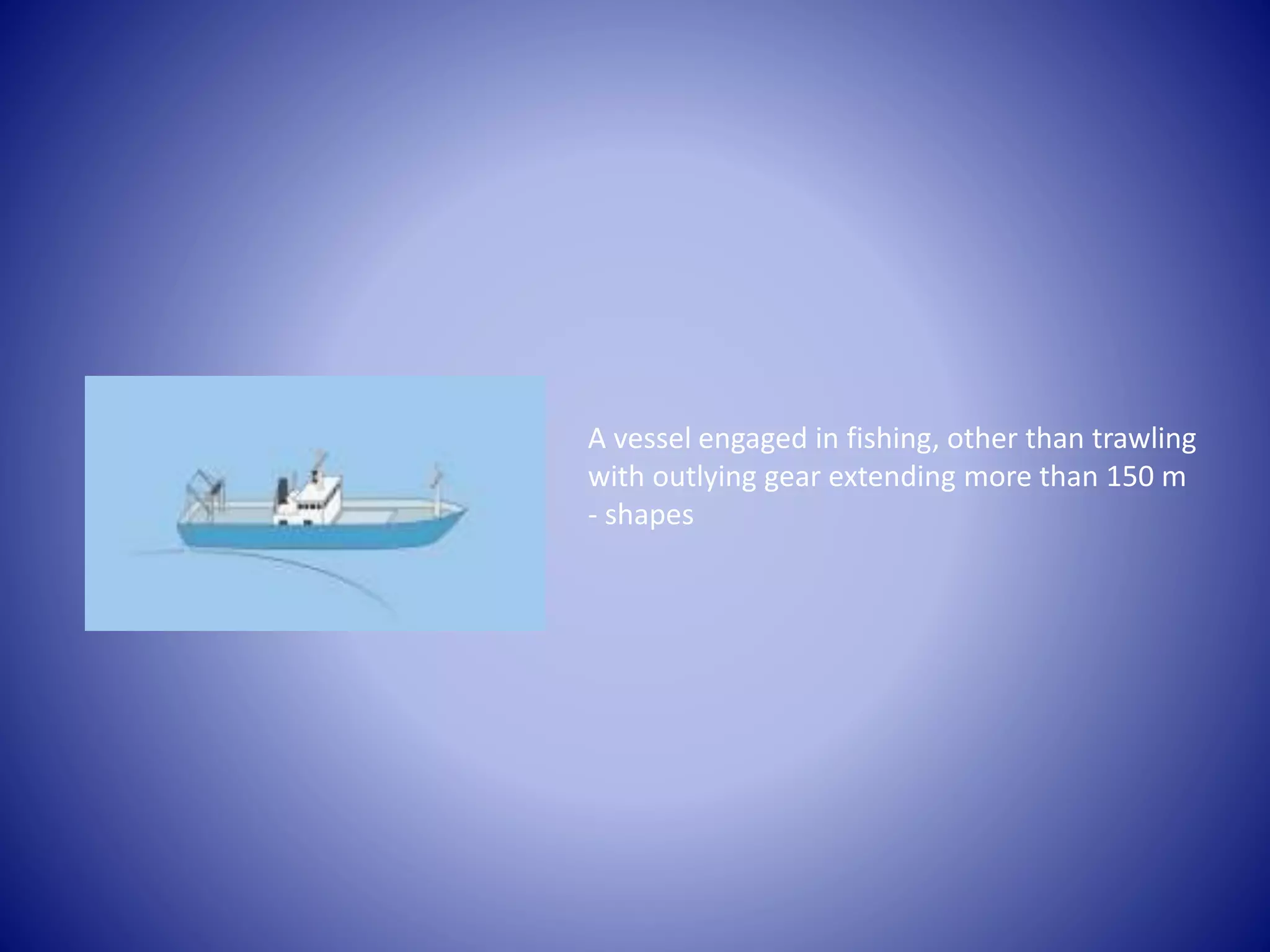 A vessel engaged in fishing, other than trawling
with outlying gear extending more than 150 m
- shapes
 