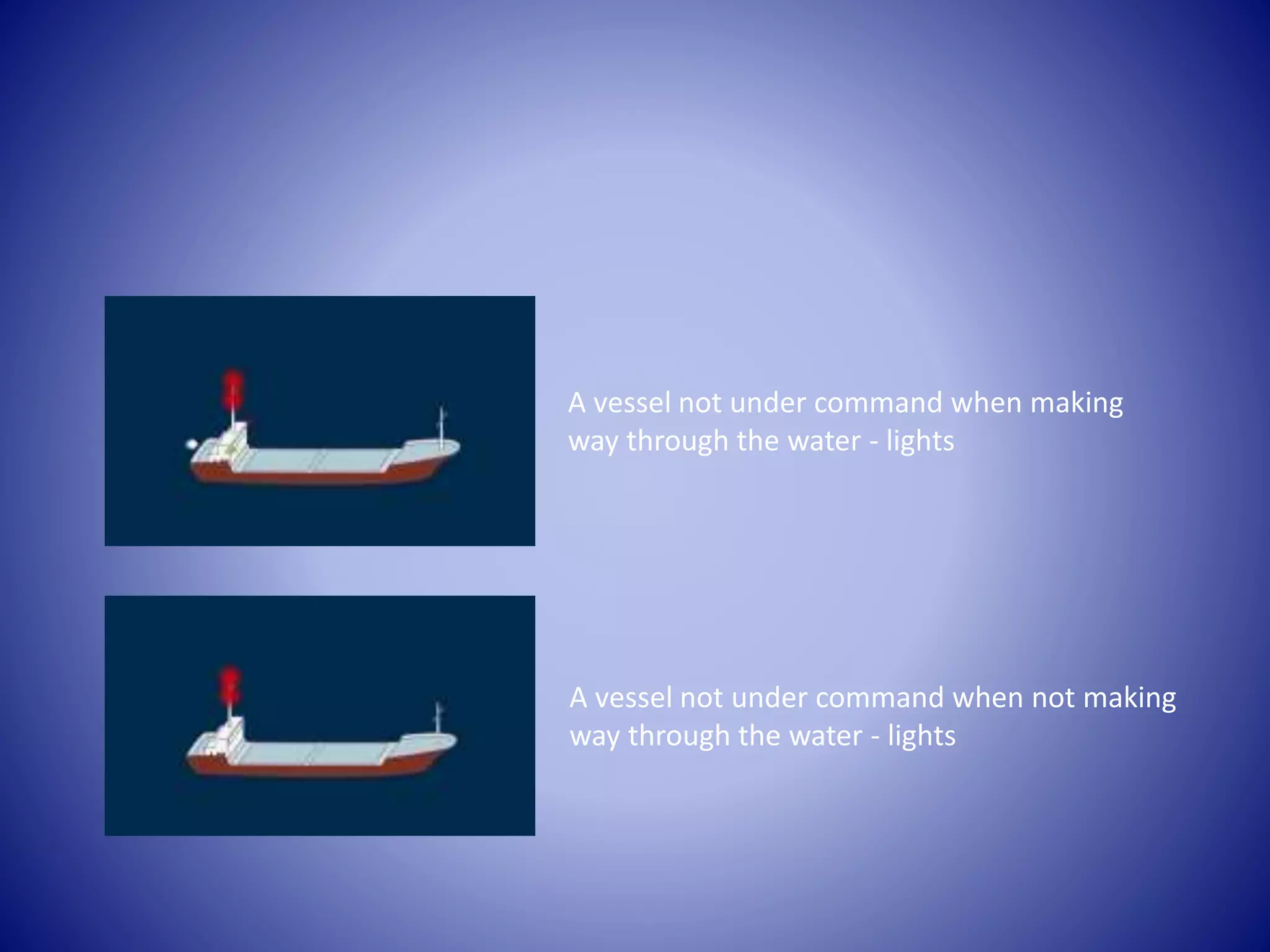 A vessel not under command when making
way through the water - lights
A vessel not under command when not making
way through the water - lights
 