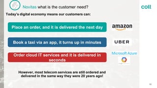 Novitas what is the customer need?
Today’s digital economy means our customers can:
Place an order, and it is delivered the next day
Book a taxi via an app, it turns up in minutes
However, most telecom services are still ordered and
delivered in the same way they were 20 years ago!
Order cloud IT services and it is delivered in
seconds
10
 