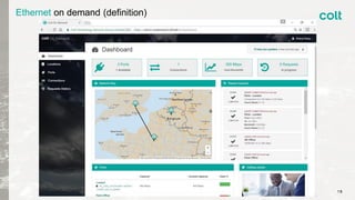Ethernet on demand (definition)
Customer
DC
Enterprise
Public Cloud
SDN Enabled
Network Layer
• Select locations
• Select ports
• Create, change (BW/Vlan),
cease Ethernet connection
• Real-time Provisioning
A-End B-End
1Gbps
On Demand
Self-Service Portal (or API)
M-MSP
Colt
OSS/BSS
(Premise, XNG, …)
DC
Enterprise
Public Cloud
18
 