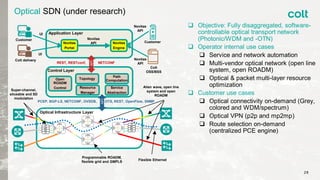 Optical SDN (under research)
 Objective: Fully disaggregated, software-
controllable optical transport network
(Photonic/WDM and -OTN)
 Operator internal use cases
 Service and network automation
 Multi-vendor optical network (open line
system, open ROADM)
 Optical & packet multi-layer resource
optimization
 Customer use cases
 Optical connectivity on-demand (Grey,
colored and WDM/spectrum)
 Optical VPN (p2p and mp2mp)
 Route selection on-demand
(centralized PCE engine)
Application Layer
Novitas
Portal
Novitas
Engine
Control Layer
Customer
Customer
Colt
OSS/BSS
Novitas
API
Novitas
API
Novitas
API
Optical Infrastructure Layer
CMD
WSS
WSS
WSS
CMD
WSS
WSS
WSS
CMD
WSS
WSS
WSS
CMD
WSS
WSS
WSS
TP
TP
MP
MP
TP
TP
MP
MP
Topology
Path
Computation
Service
Abstraction
Resource
ManagerAPI
API
Open
ROADM
Control
REST, RESTconf, NETCONF
PCEP, BGP-LS, NETCONF, OVSDB, OTS, REST, OpenFlow, SNMP
UI
Colt delivery
UI
Programmable ROADM,
flexible grid and GMPLS
Super-channel,
sliceable and SD
modulation
Flexible Ethernet
Alien wave, open line
system and open
ROADM
28
 