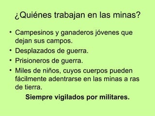 ¿Quiénes trabajan en las minas?
• Campesinos y ganaderos jóvenes que
  dejan sus campos.
• Desplazados de guerra.
• Prisioneros de guerra.
• Miles de niños, cuyos cuerpos pueden
  fácilmente adentrarse en las minas a ras
  de tierra.
      Siempre vigilados por militares.
 