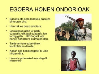 EGOERA HONEN ONDORIOAK
• Basoak eta soro landuak basatza
  bihurtzen dira.
• Haurrak ez doaz eskolara.
• Gaixotasun asko ur garbi
  ezagatik, elikagai ezagatik, lan
  larregigatik…HIESagatik eta
  honek heriotzera eramaten ditu.
• Talde armatu ezberdinek
  kontrolatzen dituzte.
• Koltan kilo bakoitzagatik bi ume
  hiltzen dira.
•   Ume eta gazte asko lur-jausiegatik
    hiltzen dira.
 
