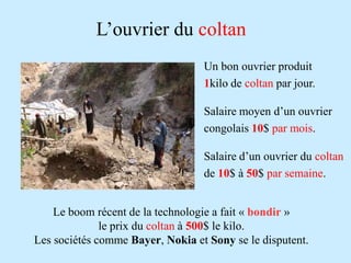 L’ouvrier du coltan
                                  Un bon ouvrier produit
                                  1kilo de coltan par jour.

                                  Salaire moyen d’un ouvrier
                                  congolais 10$ par mois.

                                  Salaire d’un ouvrier du coltan
                                  de 10$ à 50$ par semaine.


    Le boom récent de la technologie a fait « bondir »
              le prix du coltan à 500$ le kilo.
Les sociétés comme Bayer, Nokia et Sony se le disputent.
 