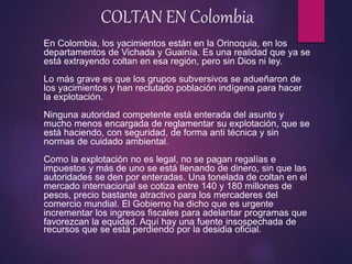 COLTAN EN Colombia
En Colombia, los yacimientos están en la Orinoquia, en los
departamentos de Vichada y Guainía. Es una realidad que ya se
está extrayendo coltan en esa región, pero sin Dios ni ley.
Lo más grave es que los grupos subversivos se adueñaron de
los yacimientos y han reclutado población indígena para hacer
la explotación.
Ninguna autoridad competente está enterada del asunto y
mucho menos encargada de reglamentar su explotación, que se
está haciendo, con seguridad, de forma anti técnica y sin
normas de cuidado ambiental.
Como la explotación no es legal, no se pagan regalías e
impuestos y más de uno se está llenando de dinero, sin que las
autoridades se den por enteradas. Una tonelada de coltan en el
mercado internacional se cotiza entre 140 y 180 millones de
pesos, precio bastante atractivo para los mercaderes del
comercio mundial. El Gobierno ha dicho que es urgente
incrementar los ingresos fiscales para adelantar programas que
favorezcan la equidad. Aquí hay una fuente insospechada de
recursos que se está perdiendo por la desidia oficial.
 