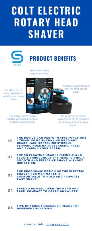 COLT ELECTRIC
ROTARY HEAD
SHAVER
01
02
03
04
05
THE DEVICE CAN PERFORM FIVE FUNCTIONS
– TRIMMING HAIR; SHAVING HEAD AND
BEARD HAIR; SOFTENING STUBBLE;
CLIPPING NOSE HAIR; CLEANSING FACE;
AND SHAPING YOUR BEARD.
THE 5D FLOATING HEAD IS FLEXIBLE AND
FLOATS THROUGHOUT THE HEAD, GIVING A
SMOOTH AND EFFECTIVE SHAVE WITHOUT
IRRITATION.
THE ERGONOMIC DESIGN OF THE ELECTRIC
SHAVER FOR MEN MAKES IT
COMFORTABLE TO HOLD AND PROVIDES
EASY SHAVE.
SAFE TO BE USED OVER THE HEAD AND
FACE. COMPACT TO CARRY ANYWHERE.
FIVE DIFFERENT MASSAGER HEADS FOR
DIFFERENT PURPOSES.
source l i nk: myscree. com
PRODUCT BENEFITS
This cordless device
lasts up to an hour
The device is water-resistant
and is an amazing head
shaver
The device can be carried
anywhere and can be charged in
the car or by connecting to your
laptop.
The product comes with an
adapter, wireless charging base
and also a cleaning brush.
The blades can be
easily detached and
washed under running
water.
 