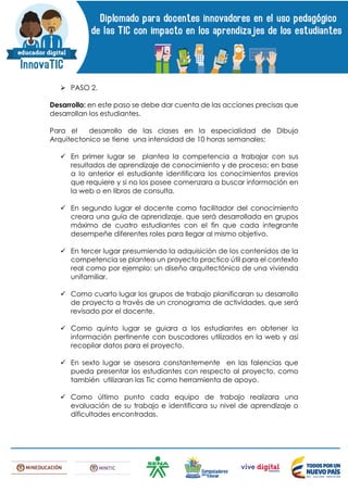  PASO 2.
Desarrollo: en este paso se debe dar cuenta de las acciones precisas que
desarrollan los estudiantes.
Para el desarrollo de las clases en la especialidad de Dibujo
Arquitectonico se tiene una intensidad de 10 horas semanales:
 En primer lugar se plantea la competencia a trabajar con sus
resultados de aprendizaje de conocimiento y de proceso; en base
a lo anterior el estudiante identificara los conocimientos previos
que requiere y si no los posee comenzara a buscar información en
la web o en libros de consulta.
 En segundo lugar el docente como facilitador del conocimiento
creara una guía de aprendizaje, que será desarrollada en grupos
máximo de cuatro estudiantes con el fin que cada integrante
desempeñe diferentes roles para llegar al mismo objetivo.
 En tercer lugar presumiendo la adquisición de los contenidos de la
competencia se plantea un proyecto practico útil para el contexto
real como por ejemplo: un diseño arquitectónico de una vivienda
unifamiliar.
 Como cuarto lugar los grupos de trabajo planificaran su desarrollo
de proyecto a través de un cronograma de actividades, que será
revisado por el docente.
 Como quinto lugar se guiara a los estudiantes en obtener la
información pertinente con buscadores utilizados en la web y así
recopilar datos para el proyecto.
 En sexto lugar se asesora constantemente en las falencias que
pueda presentar los estudiantes con respecto al proyecto, como
también utilizaran las Tic como herramienta de apoyo.
 Como último punto cada equipo de trabajo realizara una
evaluación de su trabajo e identificara su nivel de aprendizaje o
dificultades encontradas.
 