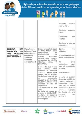 Encuentra recursos
para tu clase.
Construye proyectos
con Tic.
Conéctate con
nosotros.
Construye tu plan de
informática.
COLOMBIA. RUTA
INNOVACIÓN 2016:
NIVEL AVANZADO.
CONVOCATORIA3
https://www.sco
lartic.com/web/
colombia-ruta-
innovacion-
2016-nivel-
avanzado-
convocatoria-3
En este nivel se trabajarán
la INNOVACIÓN como
competencia de
transformación del
sistema educativo.
Se debe trabajar desde la
perspectiva del ADAPTA,
ADOPTA, CREA Y
COMPARTE.
El docente que realice
esta unidad, habrá
realizado la formación
básica y media sobre
Mobile Learning y estará
familiarizado con el uso
de experiencias
educativas en el entorno
educativo, o bien, habrá
superado el test de
diagnóstico
posicionándose en este
nivel.
Se trata de poner en
práctica la INNOVACIÓN
mediante el desarrollo
creativo de aplicaciones
tecnológicas.
Contiene tres
unidades:
U1: Transformar el aula
desde la innovación.
U2: Crear
aplicaciones (App)
para el aprendizaje.
Gaming
U3: Evaluación.
La guías se pueden
descargar en PDF, las
cuales nos ofrecen la
información paso a
paso de las nuevas
aplicaciones que nos
ayudan a desarrollar
los temas de una
manera más
didáctica.
 