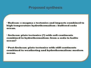 Proposed synthesis



• Hadean: « magma » tectonics and impacts combined to
high temperature hydrothermalism : buffered soda
ocean.


• Archean: plate tectonics (?) with soft continents
combined to hydrothermalism: from a soda to halite
ocean?


• Post-Archean: plate tectonics with stiff continents
combined to weathering and hydrothermalism: modern
ocean.
 