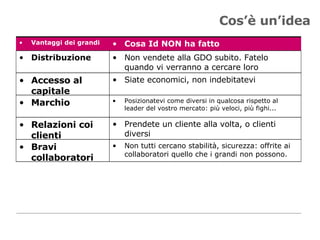 Cos’è un’idea Non tutti cercano stabilità, sicurezza: offrite ai collaboratori quello che i grandi non possono. Bravi collaboratori Prendete un cliente alla volta, o clienti diversi Relazioni coi clienti Posizionatevi come diversi in qualcosa rispetto al leader del vostro mercato: più veloci, più fighi... Marchio Siate economici, non indebitatevi Accesso al capitale Non vendete alla GDO subito. Fatelo quando vi verranno a cercare loro Distribuzione Cosa Id NON ha fatto Vantaggi dei grandi 