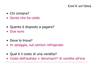 Cos’è un’idea Chi compra? Gente che ha caldo Quanto è disposto a pagare? Due euro Dove lo trova? In spiaggia, sul camion refrigerato Qual è il costo di una vendita? Costo dell’autista + benzina/n° di vendite all’ora 