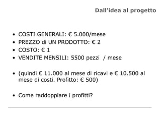 Dall’idea al progetto COSTI GENERALI: € 5.000/mese PREZZO di UN PRODOTTO: € 2 COSTO: € 1 VENDITE MENSILI: 5500 pezzi  / mese (quindi € 11.000 al mese di ricavi e € 10.500 al mese di costi. Profitto: € 500) Come raddoppiare i profitti? 