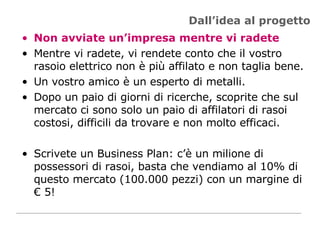 Dall’idea al progetto Non avviate un’impresa mentre vi radete Mentre vi radete, vi rendete conto che il vostro rasoio elettrico non è più affilato e non taglia bene.  Un vostro amico è un esperto di metalli. Dopo un paio di giorni di ricerche, scoprite che sul mercato ci sono solo un paio di affilatori di rasoi costosi, difficili da trovare e non molto efficaci.  Scrivete un Business Plan: c’è un milione di possessori di rasoi, basta che vendiamo al 10% di questo mercato (100.000 pezzi) con un margine di € 5! 