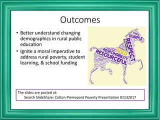 Outcomes
• Better understand changing
demographics in rural public
education
• Ignite a moral imperative to
address rural poverty, student
learning, & school funding
The slides are posted at:
Search SlideShare: Colton-Pierrepont Poverty Presentation 01132017
 