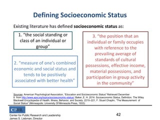 CPRL
Center for Public Research and Leadership
James S. Liebman, Director
Defining Socioeconomic Status
42
1. “the social standing or
class of an individual or
group”
3. “the position that an
individual or family occupies
with reference to the
prevailing average of
standards of cultural
possessions, effective income,
material possessions, and
participation in group activity
in the community”
2. “measure of one's combined
economic and social status and
tends to be positively
associated with better health”
Existing literature has defined socioeconomic status as:
Sources: American Psychological Association, “Education and Socioeconomic Status” Retrieved December
6 from http://www.apa.org/topics/socioeconomic-status/; Baker, E. H. 2014. Socioeconomic Status, Definition. The Wiley
Blackwell Encyclopedia of Health, Illness, Behavior, and Society. 2210–221; F. Stuart Chaplin, “The Measurement of
Social Status” (Minneapolis: University Of Minnesota Press, 1933)
 