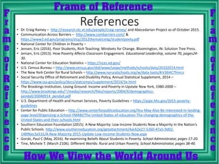 References• Dr. Craig Ramey – http://research.vtc.vt.edu/people/craig-ramey/ and Abecedarian Project as of October 2015.
• Communication Across Barriers – http://www.combarriers.com/ &
https://www2.ed.gov/programs/slcp/2012thematicmtg/studentpovty.pdf
• National Center for Children in Poverty –
• Jensen, Eric (2016). Poor Students, Rich Teaching: Mindsets for Change. Bloomington, IN: Solution Tree Press.
• Jensen, Eric (2013). How Poverty Affects Classroom Engagement. Educational Leadership, volume 70, pages24-
30.
• National Center for Education Statistics – https://nces.ed.gov/
• U.S. Census Bureau – http://www.census.gov/did/www/saipe/methods/schools/data/20102014.html
• The New York Center for Rural Schools – http://www.nyruralschools.org/w/data-tools/#.V36HC7fmrcs
• Social Security Office of Retirement and Disability Policy, Annual Statistical Supplement, 2014 –
https://www.ssa.gov/policy/docs/statcomps/supplement/2014/3e.html
• The Brookings Institution, Losing Ground: Income and Poverty in Upstate New York, 1980-2000 –
http://www.brookings.edu/~/media/research/files/reports/2004/9/demographics-
pendall/20040914_pendall.pdf
• U.S. Department of Health and Human Services, Poverty Guidelines – https://aspe.hhs.gov/2015-poverty-
guidelines
• Center for Public Education – http://www.centerforpubliceducation.org/You-May-Also-Be-Interested-In-landing-
page-level/Organizing-a-School-YMABI/The-United-States-of-education-The-changing-demographics-of-the-
United-States-and-their-schools.html
• Southern Education Foundation (2015). A New Majority: Low Income Students Now a Majority In the Nation’s
Public Schools. http://www.southerneducation.org/getattachment/4ac62e27-5260-47a5-9d02-
14896ec3a531/A-New-Majority-2015-Update-Low-Income-Students-Now.aspx
• Gorski, Paul C (May, 2016). Re-examining Beliefs About Students in Poverty. School Administrator, pages 17-20.
• Tine, Michele T. (March 2106). Different Worlds: Rural and Urban Poverty. School Administrator, pages 38-40.
 