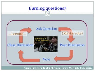 Burning questions?
                           16




                   Ask Question
…Lecture…                               (Maybe vote)


Class Discussion                      Peer Discussion


                        Vote

         * See also: Peer Instruction, A User’s Manual. E. Mazur.
 