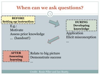 When can we ask questions?
                                     9

       BEFORE
Setting up instruction                                     DURING
     E.g.:                                                Developing
                                                          knowledge
     Motivate
     Assess prior knowledge                         Application
     … (handout!)                                   Elicit misconception
                                                    …


     AFTER         Relate to big picture
    Assessing      Demonstrate success
    learning
                   …


                   Credit: Rosie Piller and Ian Beatty.
 