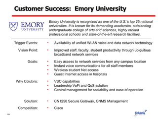 Customer Success:  Emory University Trigger Events: Availability of unified WLAN voice and data network technology Emory University is recognized as one of the U.S.’s top 25 national universities.  It is known for its demanding academics, outstanding undergraduate college of arts and sciences, highly ranked professional schools and state-of-the-art research facilities.   Why Colubris: VSC capabilities Leadership VoFi and QoS solution Central management for scalability and ease of operation Goals: Easy access to network services from any campus location Instant voice communications for all staff members Wireless student Net access Guest Internet access in hospitals Vision Point: Improved staff, faculty, student productivity through ubiquitous broadband network services Solution: CN1250 Secure Gateway, CNMS Management Competition: Cisco 