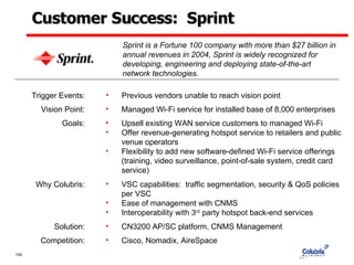 Customer Success:  Sprint Sprint is a Fortune 100 company with more than $27 billion in annual revenues in 2004, Sprint is widely recognized for developing, engineering and deploying state-of-the-art network technologies.  Trigger Events: Previous vendors unable to reach vision point Why Colubris: VSC capabilities:  traffic segmentation, security & QoS policies per VSC Ease of management with CNMS Interoperability with 3 rd  party hotspot back-end services Goals: Upsell existing WAN service customers to managed Wi-Fi Offer revenue-generating hotspot service to retailers and public venue operators Flexibility to add new software-defined Wi-Fi service offerings (training, video surveillance, point-of-sale system, credit card service) Vision Point: Managed Wi-Fi service for installed base of 8,000 enterprises Solution: CN3200 AP/SC platform, CNMS Management Competition: Cisco, Nomadix, AireSpace 