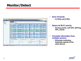 Monitor/Detect Scan all bands 2.4 GHz and 5 GHz Detect all Wi-Fi activity Access points, soft APs, NATing APs, clients Correlate information from multiple sensors Eliminate confusing  duplicate reports of the  same device 
