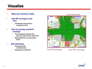 Visualize Make your airwaves visible View RF coverage in real    time Handhelds only provide a    snapshot in time Plan for security and Wi-Fi    coverage Only integrated solution that    ensures proper sensor placement Model detection and prevention    levels   Self-calibrating  Site-specific RF    characteristics Deployment orientation Good Coverage No RF Coverage Poor RF Coverage 