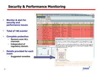 Security & Performance Monitoring Monitor & alert for security and performance issues Total of 140 events! Complete protection Sensors scan ALL channels  Independent of regulatory domain Details provided for each event Suggested remedies 