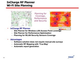 InCharge RF Planner  Wi-Fi Site Planning InCharge RF Planner Site Planner for Wireless LAN Access Point Coverage  Site Planner for Performance Optimization Planning for WLAN Security Sensors Coverage Advantages Software solution does not require manual site surveys Automatic RF Mapping with ‘True Map’  Automatic report generation Planning for Coverage, Performance and Security 