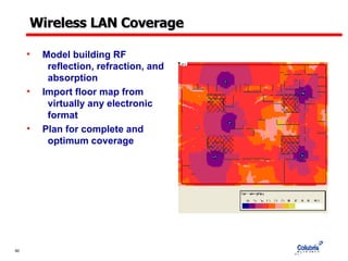 Wireless LAN Coverage Model building RF    reflection, refraction, and    absorption Import floor map from    virtually any electronic    format Plan for complete and    optimum coverage  