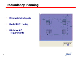Redundancy Planning Eliminate blind spots Model 802.11 a/b/g Minimize AP    requirements 