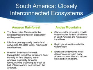 South America: Closely
Interconnected Ecosystems
Amazon Rainforest
S The Amazonian Rainforest is the
greatest treasure trove of biodiversity
on the planet.
S It is disappearing rapidly due to land
conversion for cattle farms, mining and
small farmers.
S Brazilian Scientists (Simoes&
Evangelista) report that emissions from
burning for land clearing in the
Amazon, especially for cattle
farms, may be producing as much as
half of black carbon deposition in the
Antarctic.
Andes Mountains
S Glaciers in the mountains provide
water supplies for tens of millions
in South America and hydropower
for millions.
S Rapid glacial melt imperils this
water supply.
S Efforts are underway to install
cleaner cook stoves in many
Andean communities and reduce
black carbon emissions.
 