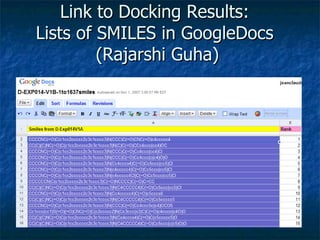 Link to Docking Results:  Lists of SMILES in GoogleDocs  (Rajarshi Guha) 