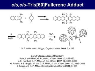 cis,cis- Tris[60]Fullerene Adduct G. P. Miller and J. Briggs,  Organic Letters   2003 ,  5 , 4203 More Fullerene-Acene Chemistry: Kaur, I. and Miller, G. P.,  New J. Chem .  2008 ,  32 , 459-463.  J. E. Rainbolt, G. P. Miller,  J. Org.  Chem.   2007 ,  72 , 3020–3030 J. Athans, J. B. Briggs, W. Jia, G. P. Miller,  J. Mat.  Chem.   2007 ,  17 , 2636–2641 J. Briggs and G. P. Miller,  Comptes Rendus Chimie   2006 ,  9 , 916  