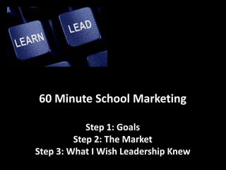 60 Minute School Marketing
Step 1: Goals
Step 2: The Market
Step 3: What I Wish Leadership Knew
 